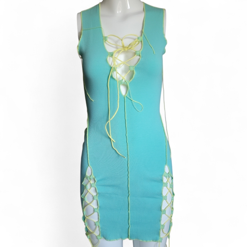 Fashion Nova Aqua and Yellow Lace-Up Mini Dress